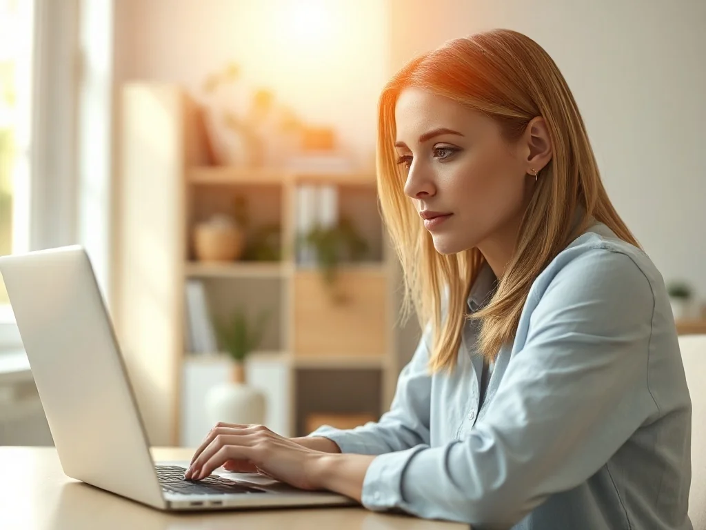 Kobieta pracująca na laptopie w jasnym biurze, edytująca dokument w programie Word.