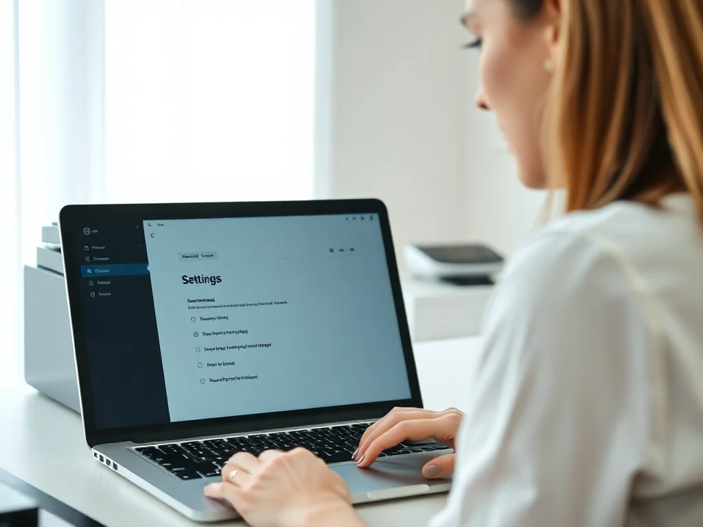 Kobieta konfigurująca ustawienia drukarki na laptopie w jasnym, nowoczesnym biurze domowym.