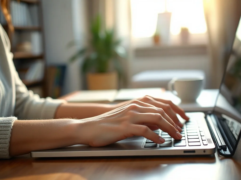 Dłonie kobiety piszące na klawiaturze nowoczesnego laptopa w przytulnym domowym biurze.