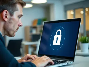Zaniepokojona kobieta pracująca przy laptopie w biurze, ilustrująca sytuację pomyłkowego wysłania wiadomości e-mail.