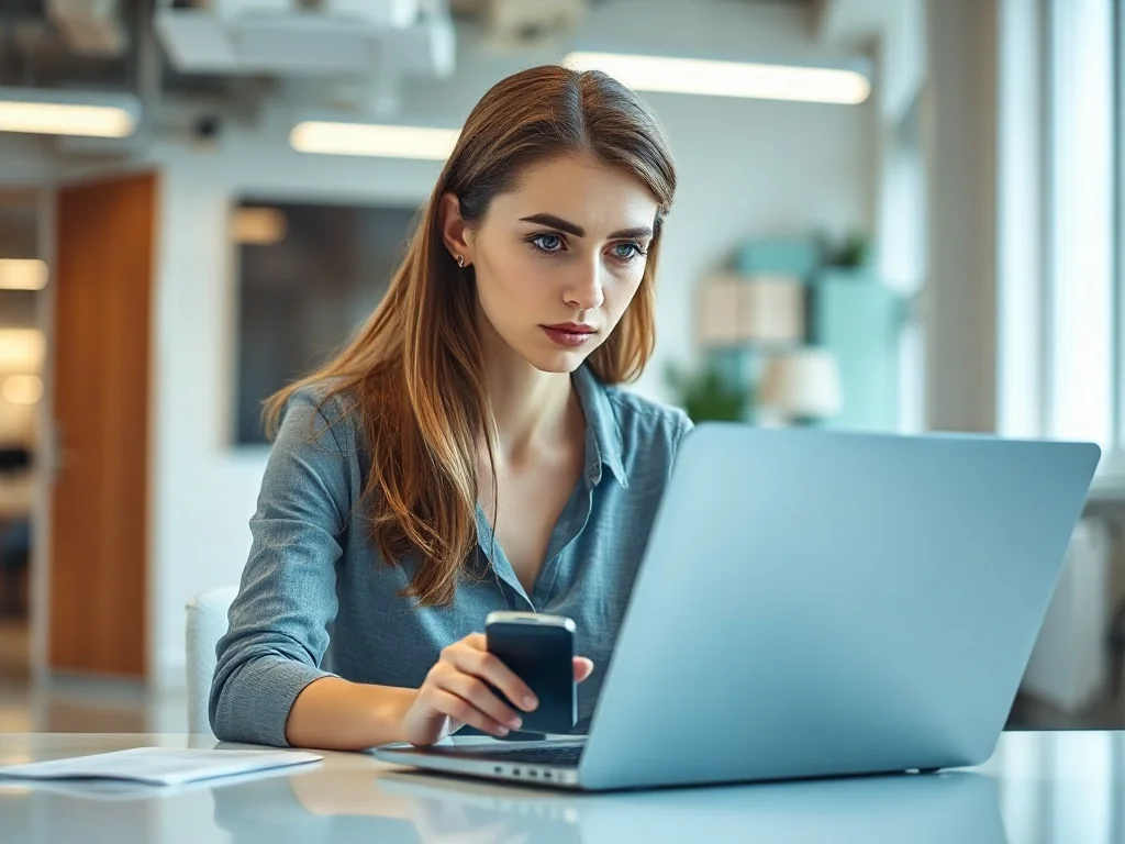 Zaniepokojona kobieta pracująca przy laptopie w biurze, ilustrująca sytuację pomyłkowego wysłania wiadomości e-mail.