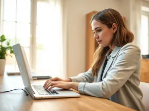 Zatroskana pracownica biurowa patrząca na ekran komputera, zastanawiająca się nad wysłaną wiadomością w programie Outlook.