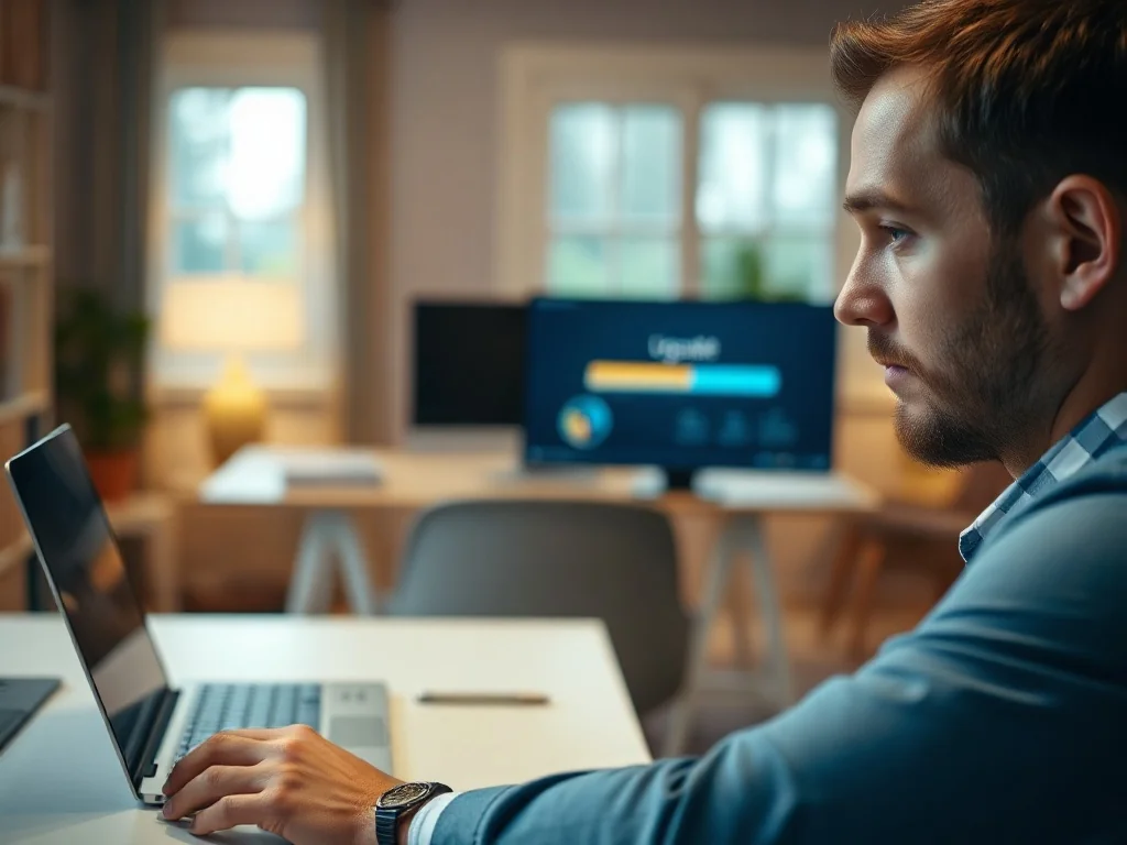 Mężczyzna przy biurku aktualizuje system operacyjny na laptopie, obserwując pasek postępu instalacji Windows.