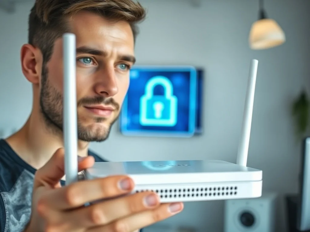 Mężczyzna trzymający nowoczesny router Wi-Fi w domowym biurze, z ikoną kłódki w tle symbolizującą bezpieczeństwo sieci.