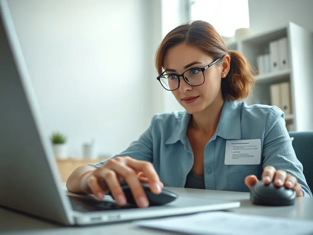 Kobieta pracująca przy laptopie w nowoczesnym biurze, skupiona na edycji dokumentu w programie Word.