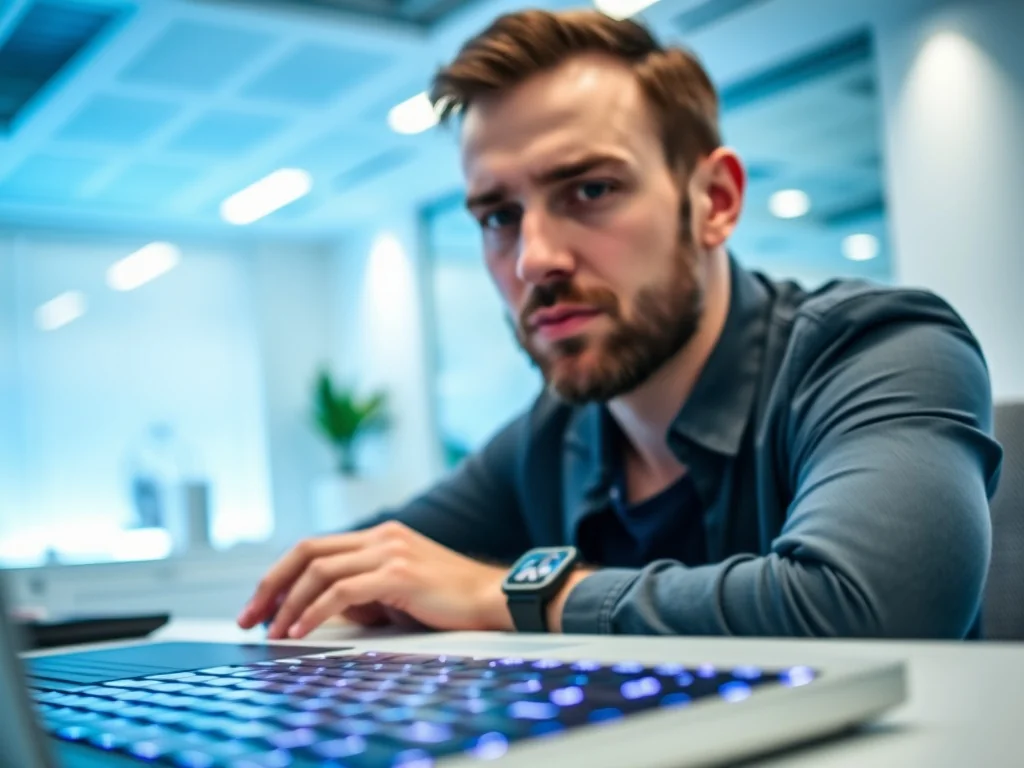 Mężczyzna pracujący przy nowoczesnym laptopie i podświetlanej klawiaturze w minimalistycznym biurze.