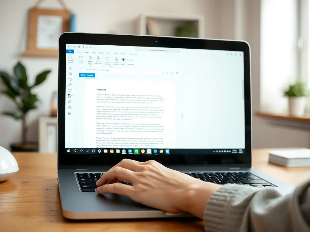 Kobieta pracująca przy laptopie w nowoczesnym biurze, skupiona na edycji dokumentu tekstowego.
