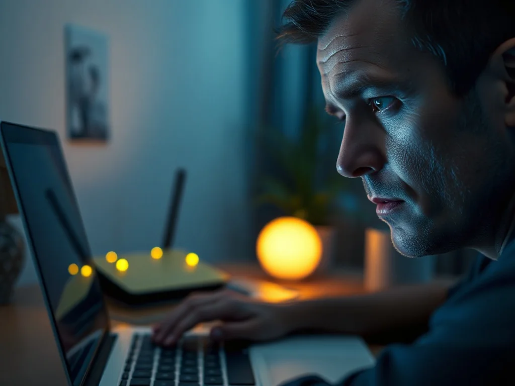 Zirytowany mężczyzna przed laptopem w domowym biurze, w tle widoczny router z migającymi diodami sygnalizującymi brak sieci.