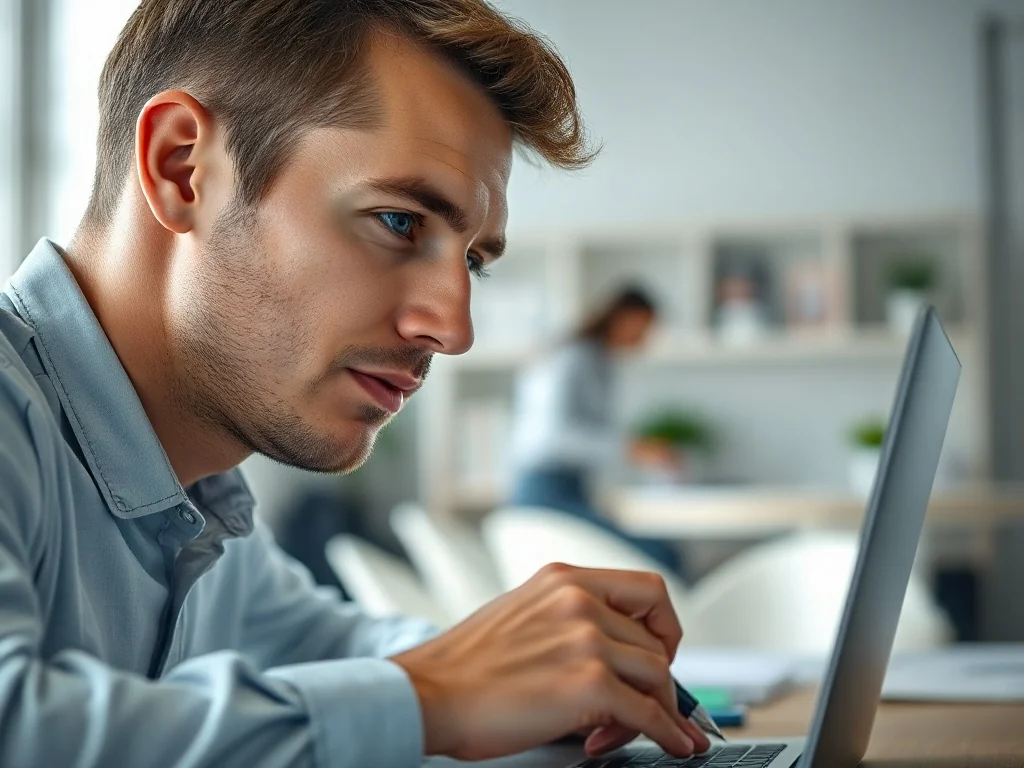 Mężczyzna pracujący przy laptopie w jasnym biurze, skupiony na edycji dokumentu tekstowego.