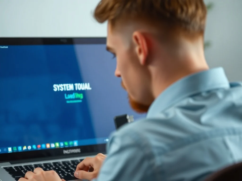 Mężczyzna trzymający pendrive przed laptopem z paskiem postępu instalacji systemu Windows.