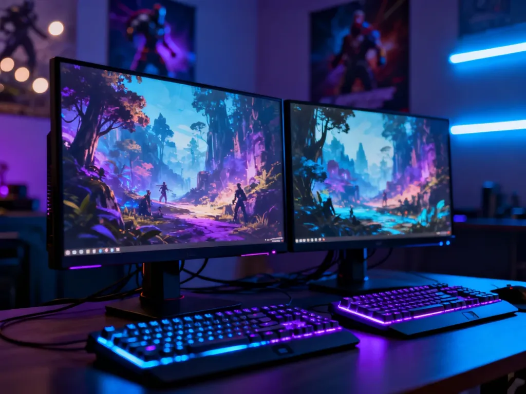 Dwa stanowiska gamingowe z podświetlanymi klawiaturami, gotowe do wspólnej rozgrywki w gry kooperacyjne na PC.