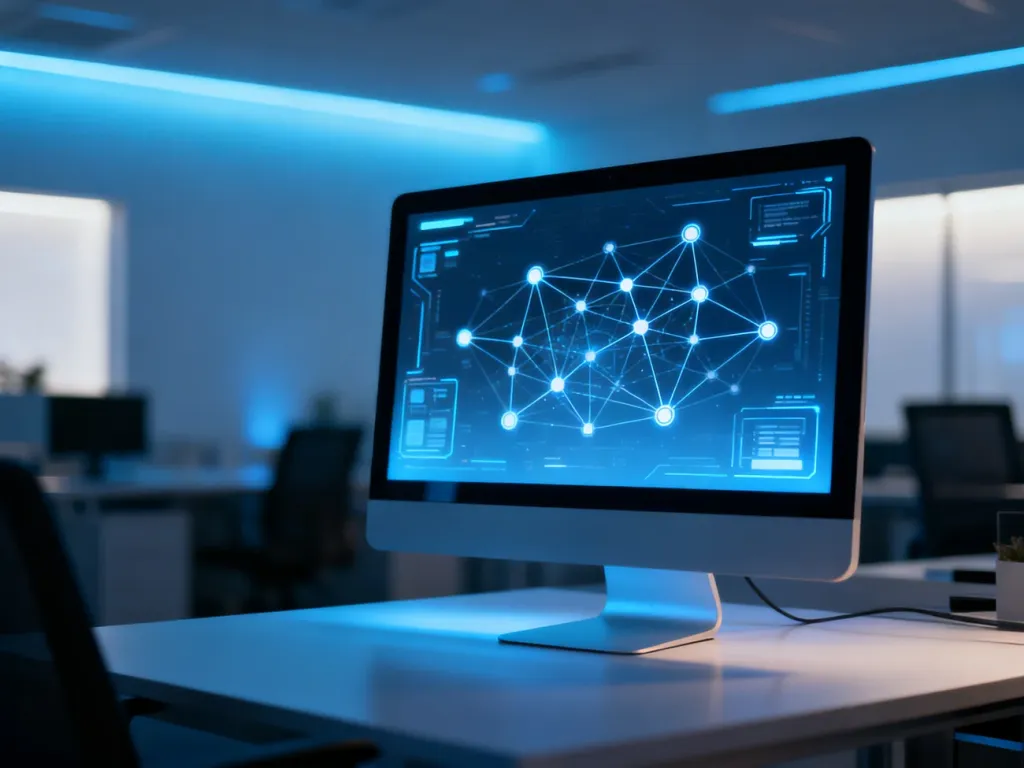 Nowoczesne stanowisko komputerowe z podświetlanym monitorem, symbolizujące zaawansowane technologie systemowe.