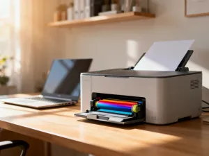Nowoczesny dysk zewnętrzny z kablem USB-C na drewnianym biurku, gotowy do wykonania kopii zapasowej danych.