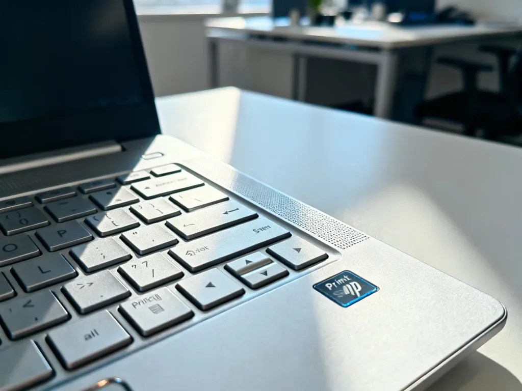 Zbliżenie na klawiaturę laptopa HP EliteBook z widocznym klawiszem Print Screen w profesjonalnym oświetleniu.