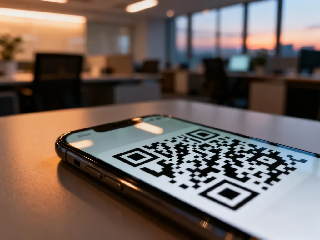 Zbliżenie na ekran smartfona z wyraźnym kodem QR na tle rozmytego, nowoczesnego biura.