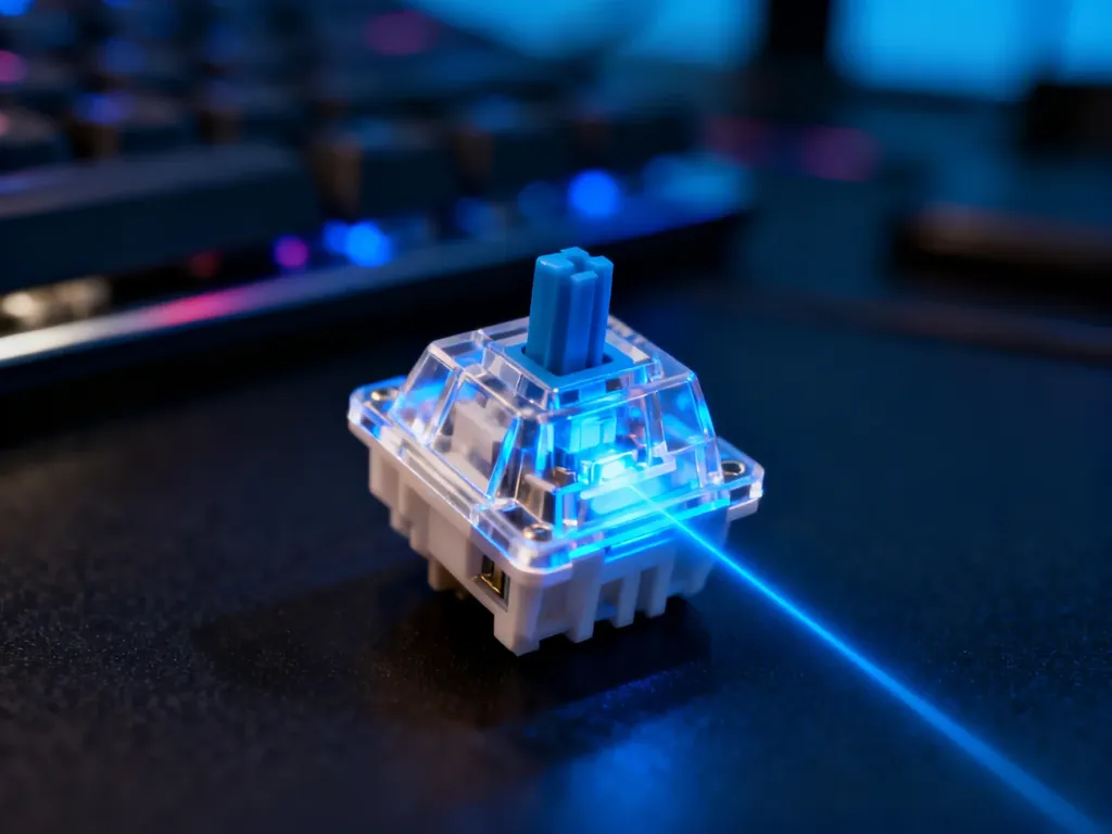 Przełącznik optyczno-mechaniczny z widoczną wiązką lasera i podświetleniem, obrazujący technologię działania klawiatury.