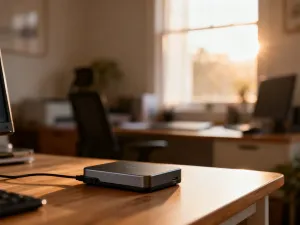 Nowoczesna drukarka laserowa i atramentowa ustawione obok siebie na biurku, gotowe do porównania funkcjonalności.