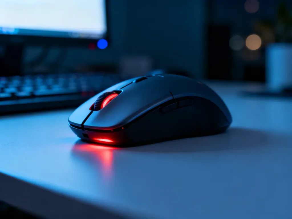 Spód nowoczesnej myszy optycznej z widocznym czerwonym światłem sensora na minimalistycznym biurku.