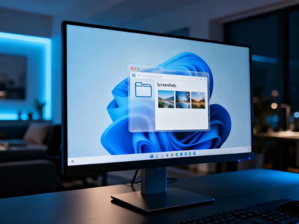 Otwarty folder „Screenshots” na pulpicie systemu Windows 11, prezentujący zapisane miniatury zrzutów ekranu.