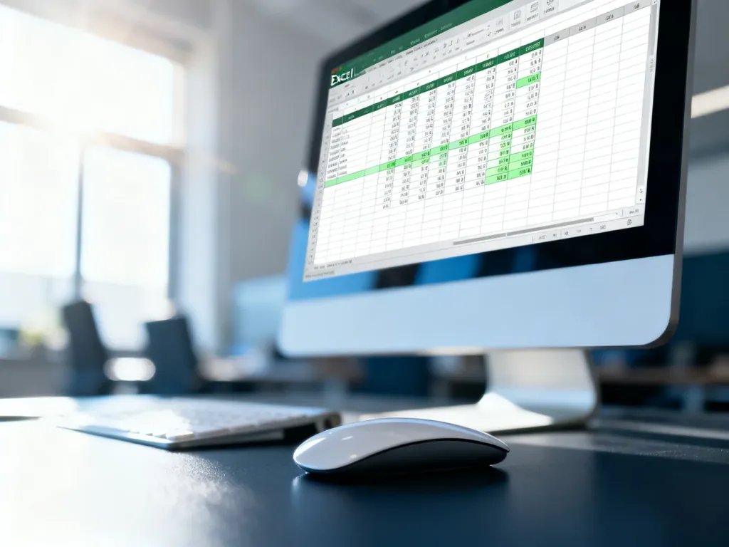 Nowoczesny arkusz kalkulacyjny Excel na ekranie komputera w jasnym, profesjonalnym biurze.