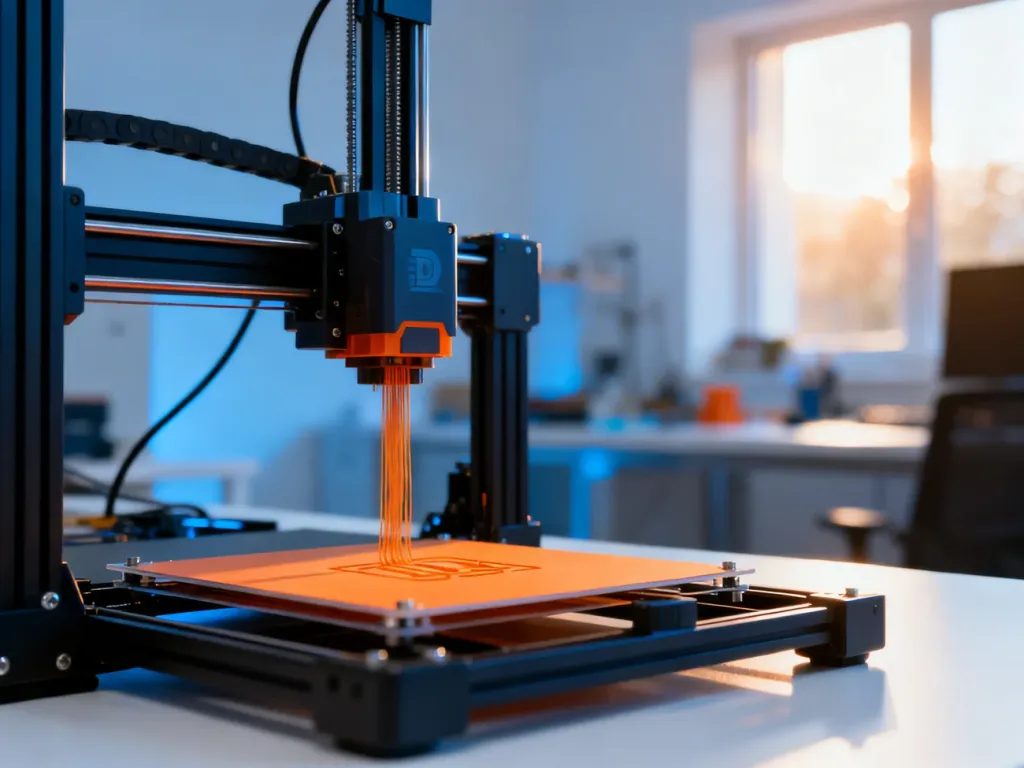 Nowoczesna drukarka 3D w trakcie pracy, precyzyjnie nakładająca warstwę filamentu na czystym biurku w jasnym biurze.