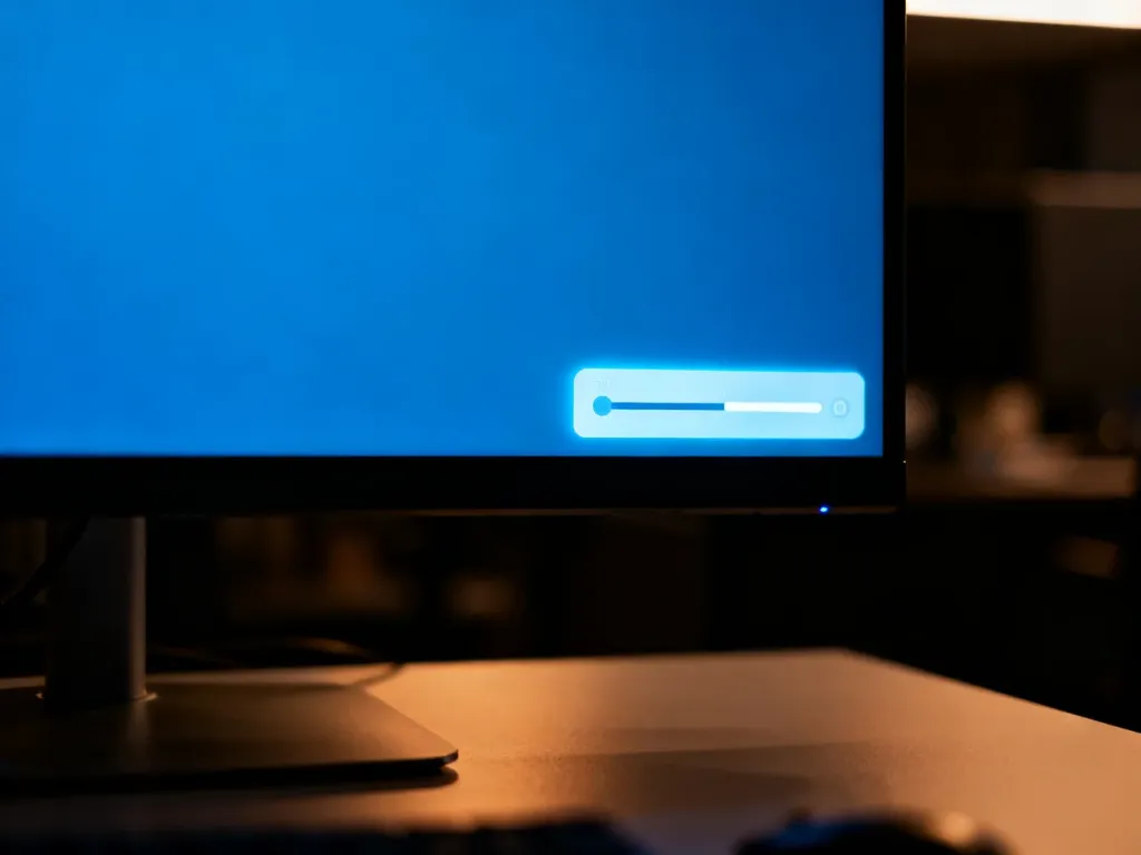 Suwak regulacji jasności na ekranie monitora w ciemnym biurze, ilustrujący proces zmiany ustawień wyświetlania w Windows.