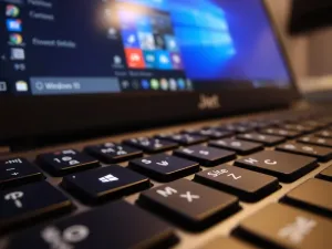 Świetlisty cyfrowy hak z kodu binarnego nad klawiaturą laptopa, symbolizujący zagrożenie phishingiem w cyberprzestrzeni.