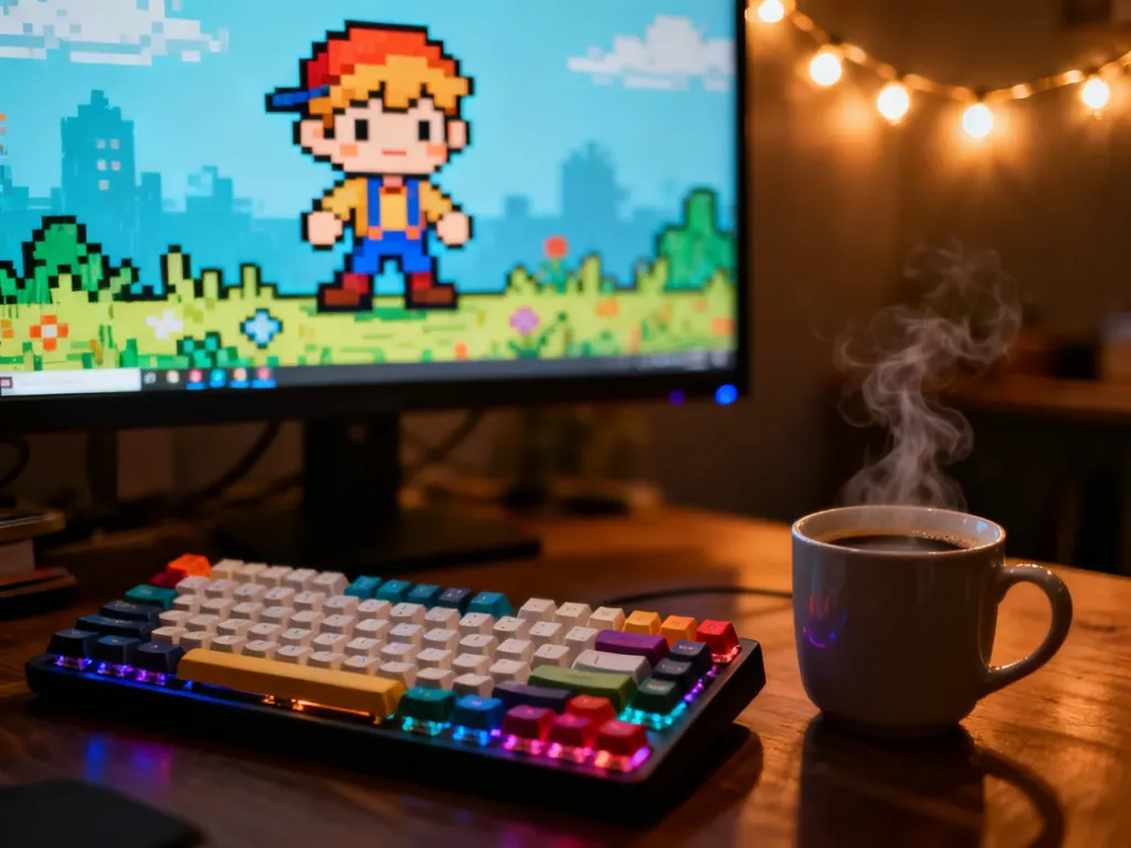 Stanowisko gracza z komputerem wyświetlającym grę pixel-art, klawiaturą mechaniczną i kubkiem kawy w przytulnym, wieczornym świetle.