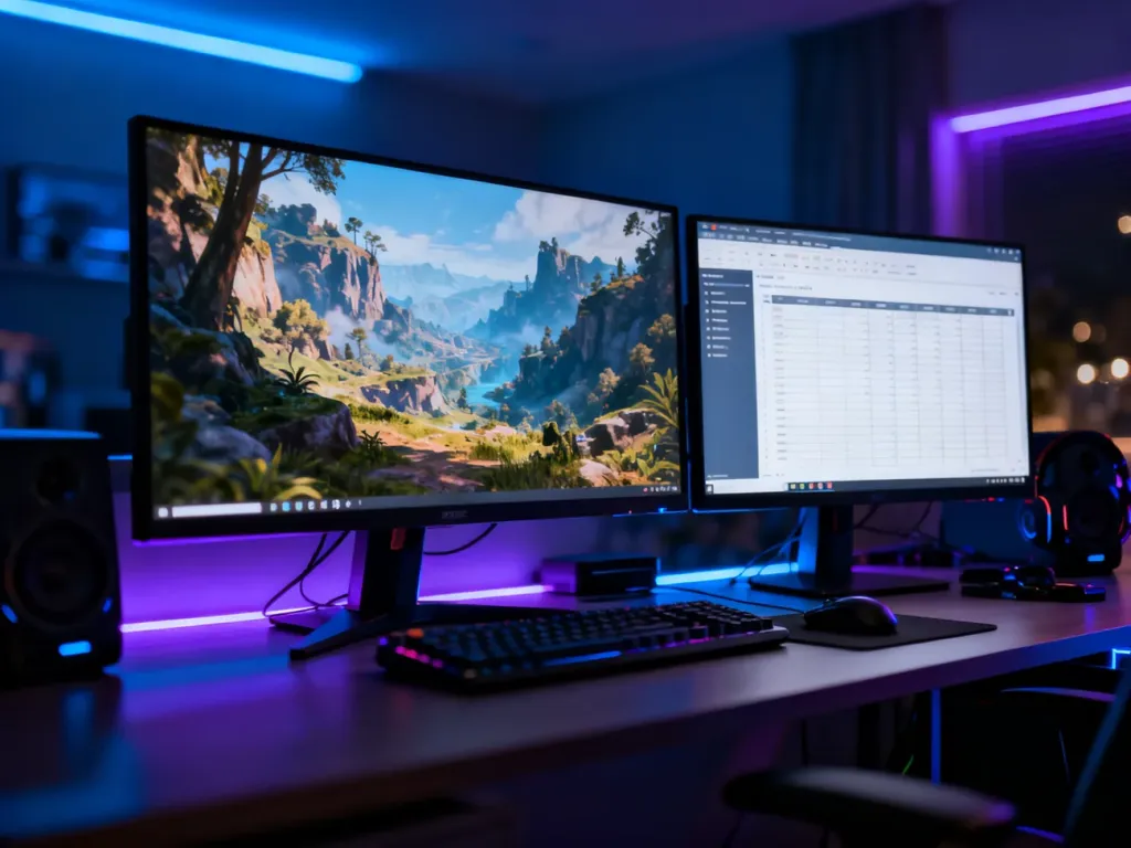 Stanowisko komputerowe z monitorem 1440p do gier oraz 1080p do pracy biurowej w nowoczesnym oświetleniu LED.