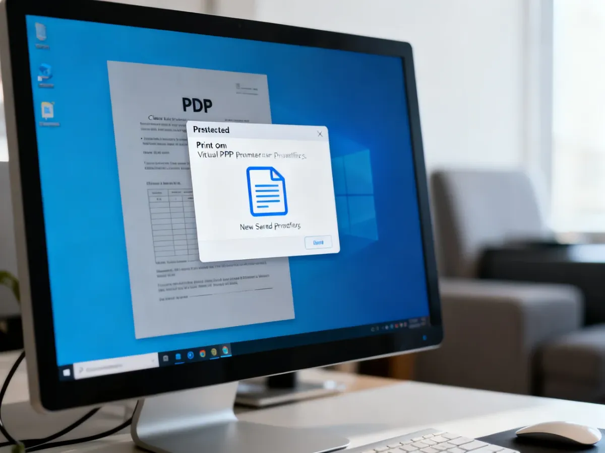 Komputer z otwartym zabezpieczonym PDF-em i zapisywaniem nowej kopii przez wirtualną drukarkę