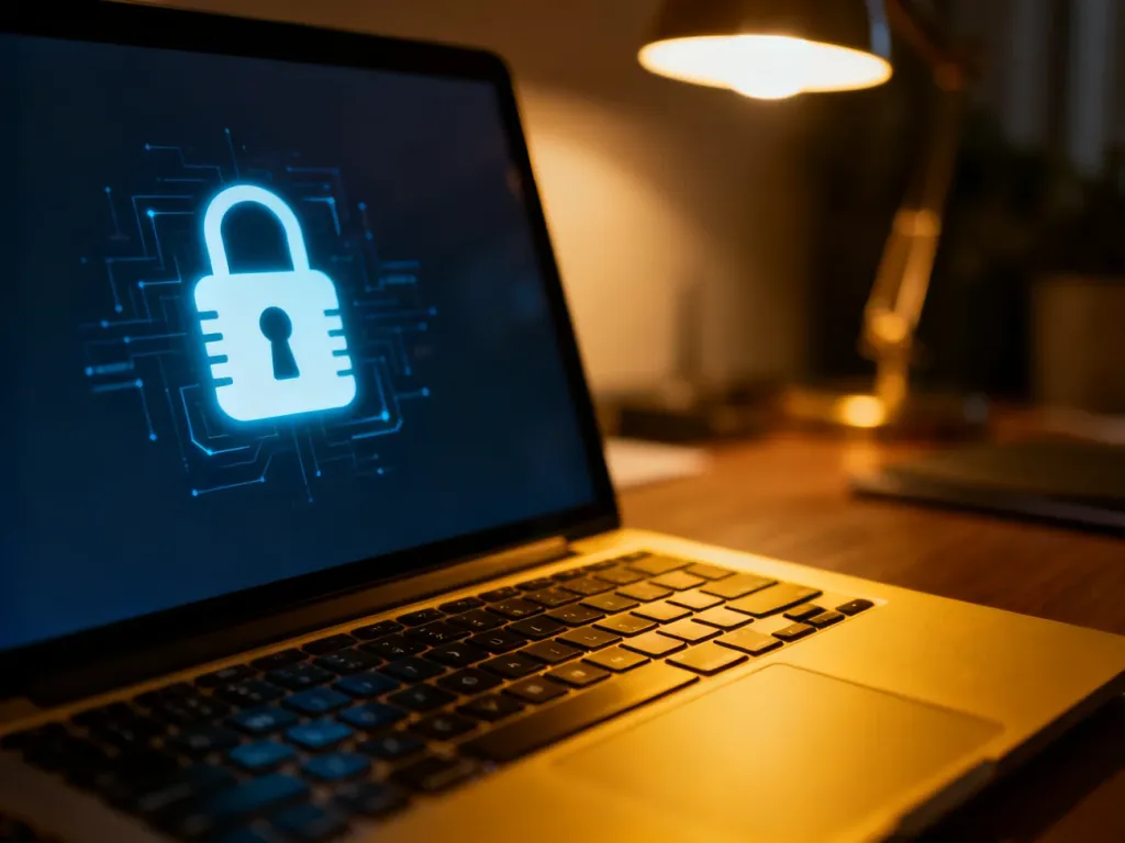 Podświetlona ikona kłódki na ekranie laptopa, symbolizująca bezpieczeństwo sieci bezprzewodowej w domowym biurze.