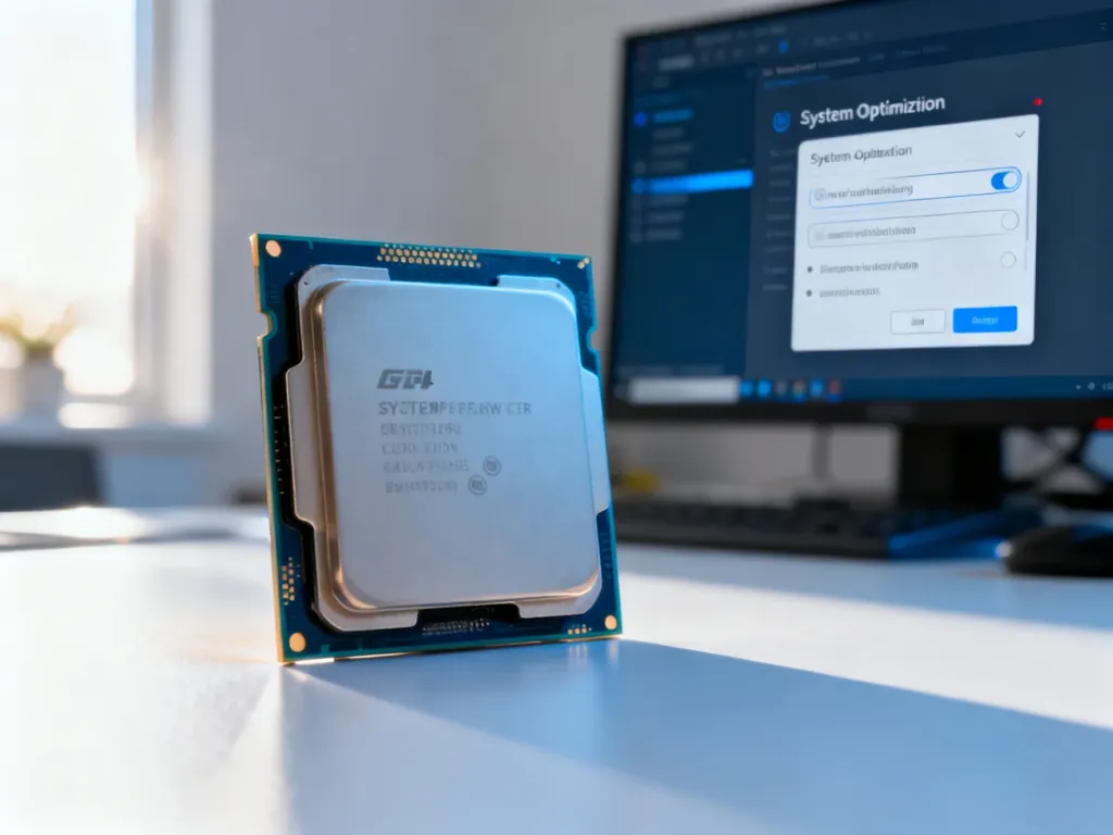 Procesor komputerowy na biurku w tle z otwartymi ustawieniami optymalizacji systemu Windows 10.