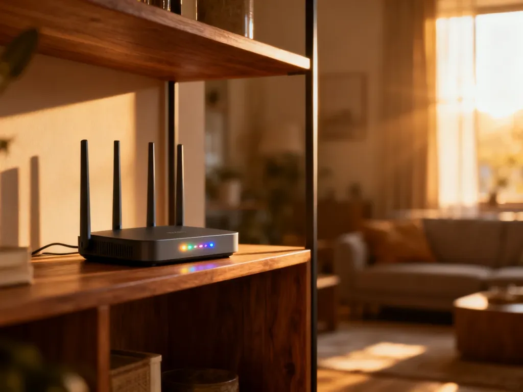Nowoczesny router Wi-Fi umieszczony w centralnym punkcie salonu, zapewniający optymalny zasięg w mieszkaniu.