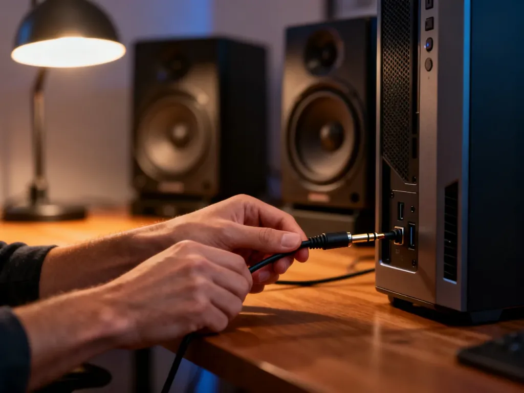 Dłonie podłączające przewód jack 3,5 mm do portu w komputerze stacjonarnym w celu instalacji głośników.