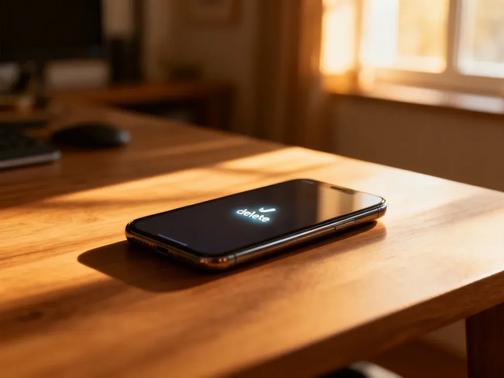 Smartfon na drewnianym biurku z widoczną ikoną usuwania na ekranie, symbolizującą proces usuwania konta Meta.