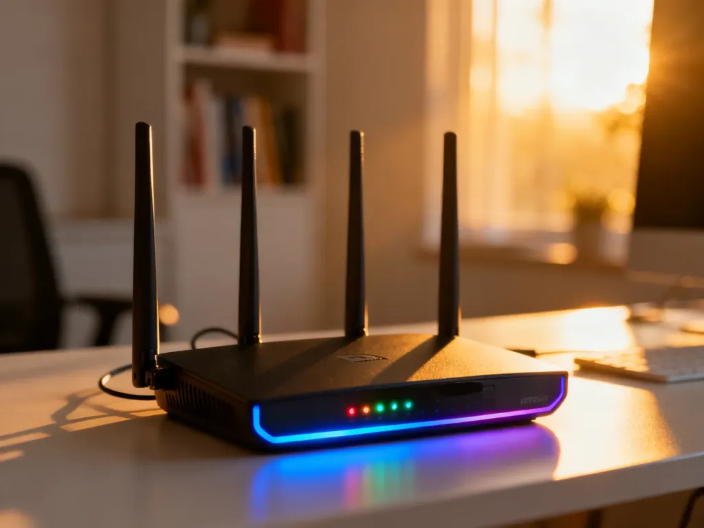Nowoczesny router Wi-Fi 6 na biurku w minimalistycznym domowym biurze, podkreślający wydajność domowej sieci.