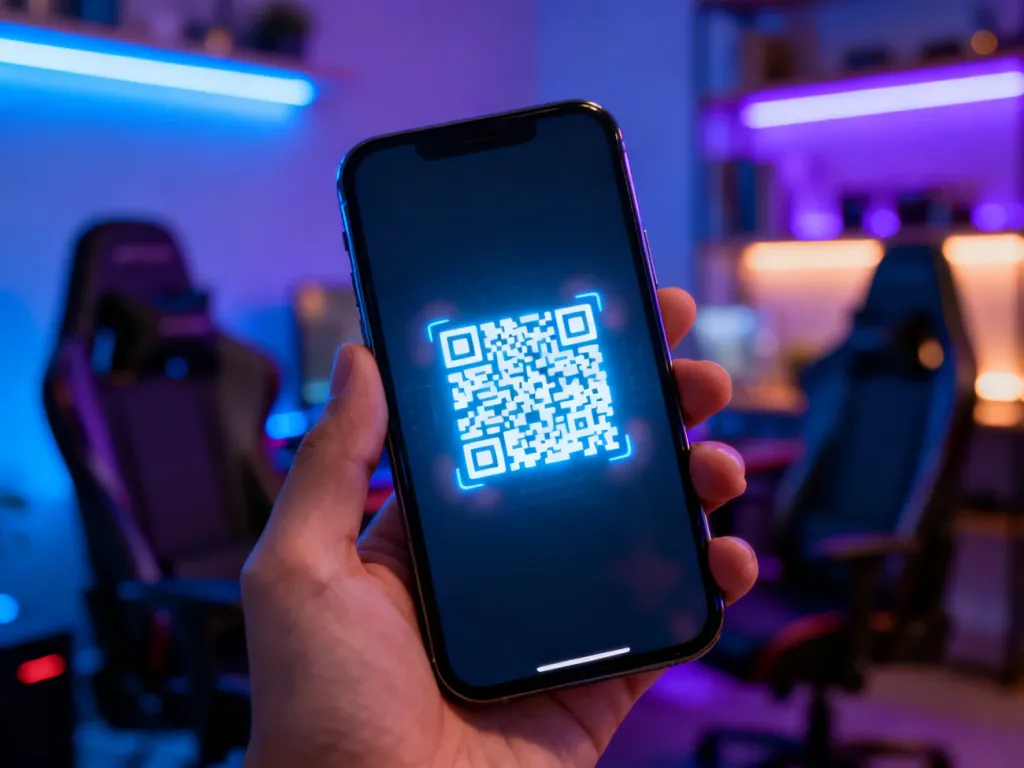 Smartfon z wyświetlonym kodem QR do logowania na platformie Steam w przytulnym pokoju gracza.