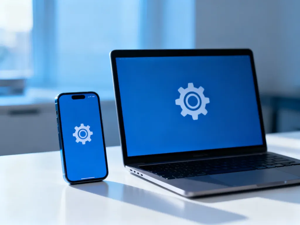 Nowoczesny smartfon i laptop na biurku z ikoną ustawień na ekranach, symbolizujące zarządzanie kopiami zapasowymi.