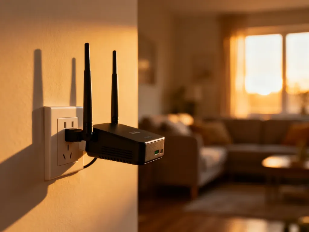 Wzmacniacz sygnału Wi-Fi podłączony do gniazdka w przytulnym salonie, zapewniający lepszy zasięg sieci w całym domu.