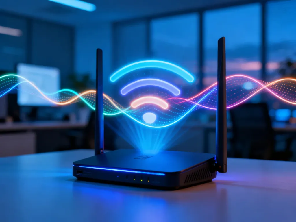 Nowoczesny router emitujący kolorowe fale sygnału Wi-Fi w biurowym wnętrzu, ilustrujący technologię bezprzewodowej łączności.