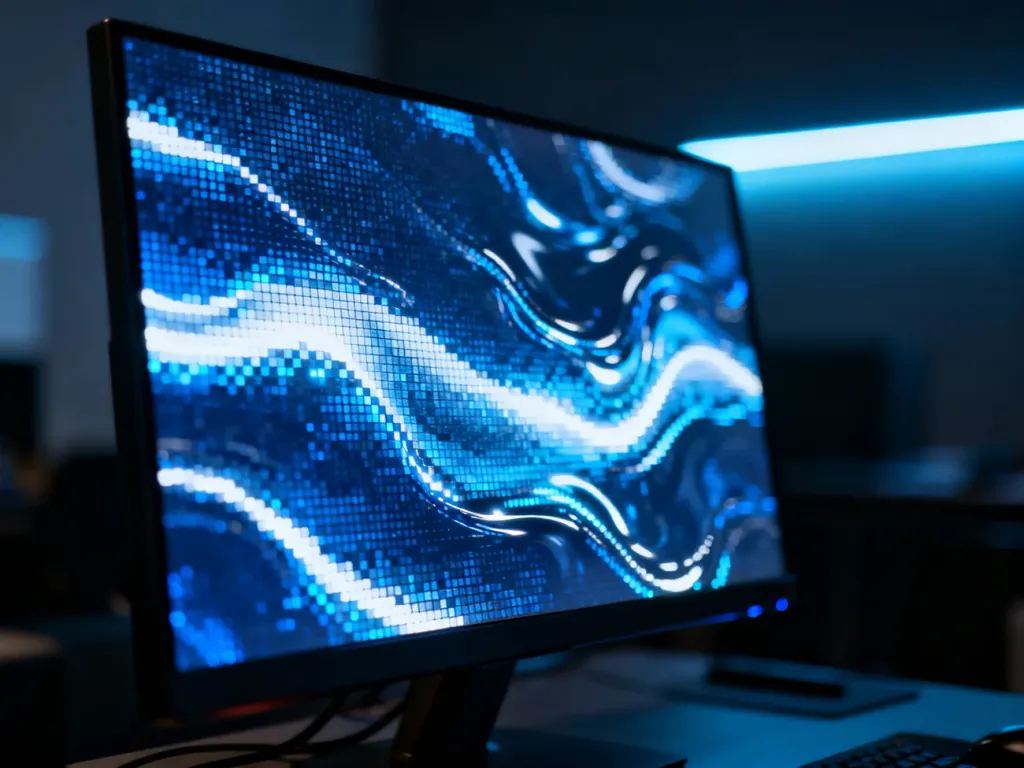 Zbliżenie na nowoczesny panel LCD z widoczną strukturą pikseli i abstrakcyjnymi wzorami w odcieniach błękitu.