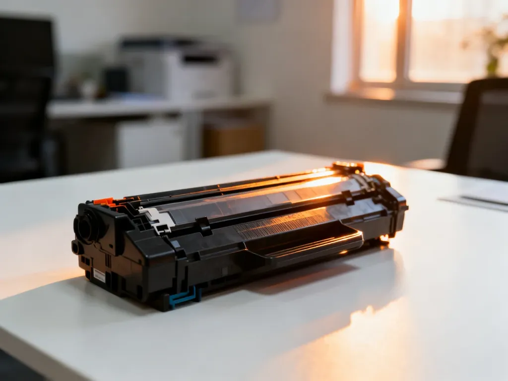 Nowoczesny toner do drukarki laserowej spoczywający na biurku w słonecznym biurze.