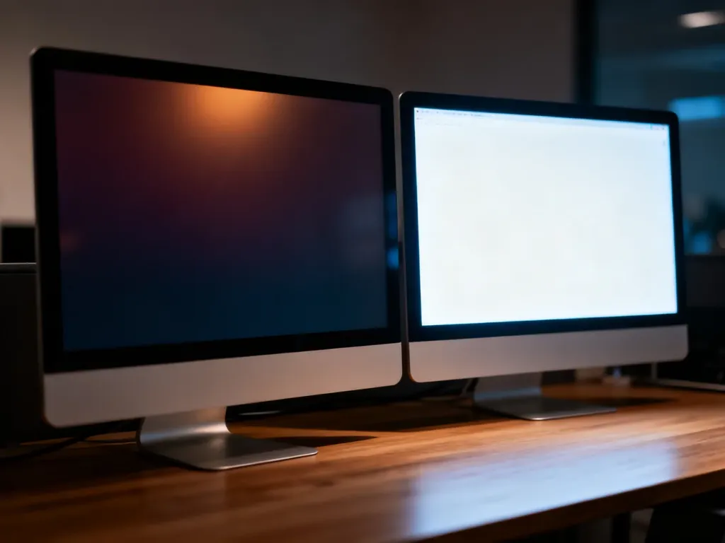 Dwa nowoczesne monitory LCD i LED stojące obok siebie na biurku, prezentujące różnice w jakości obrazu i podświetleniu.