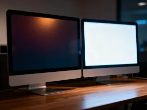 Czarny ekran monitora na biurku z plątaniną kabli HDMI i zasilających, sugerujący problemy z połączeniem sprzętowym.