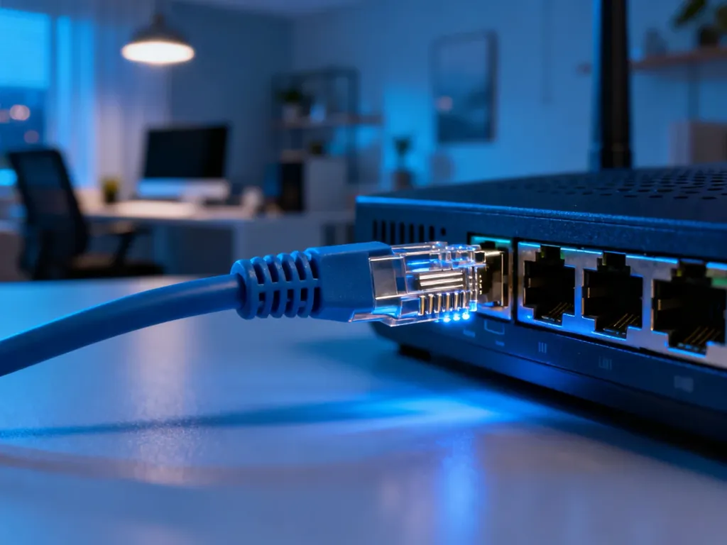 Wtyk kabla Ethernet wkładany do portu nowoczesnego routera w domowym biurze.