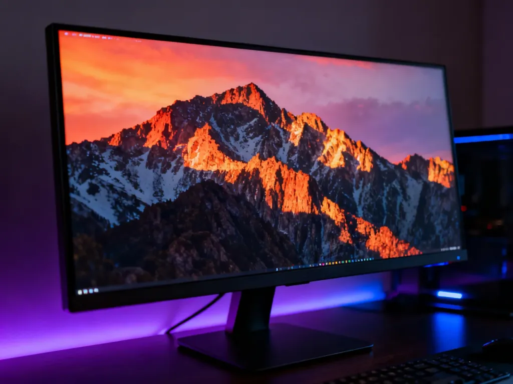 Nowoczesny monitor HDR wyświetlający górski krajobraz z głębokimi cieniami i żywymi, jasnymi barwami.