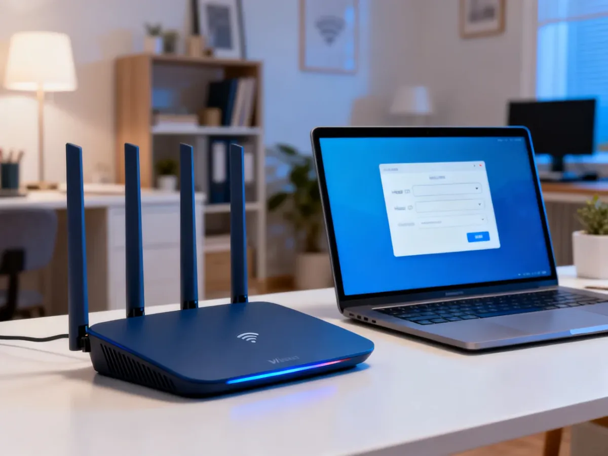 Router i laptop podczas konfiguracji ukrytej sieci Wi-Fi