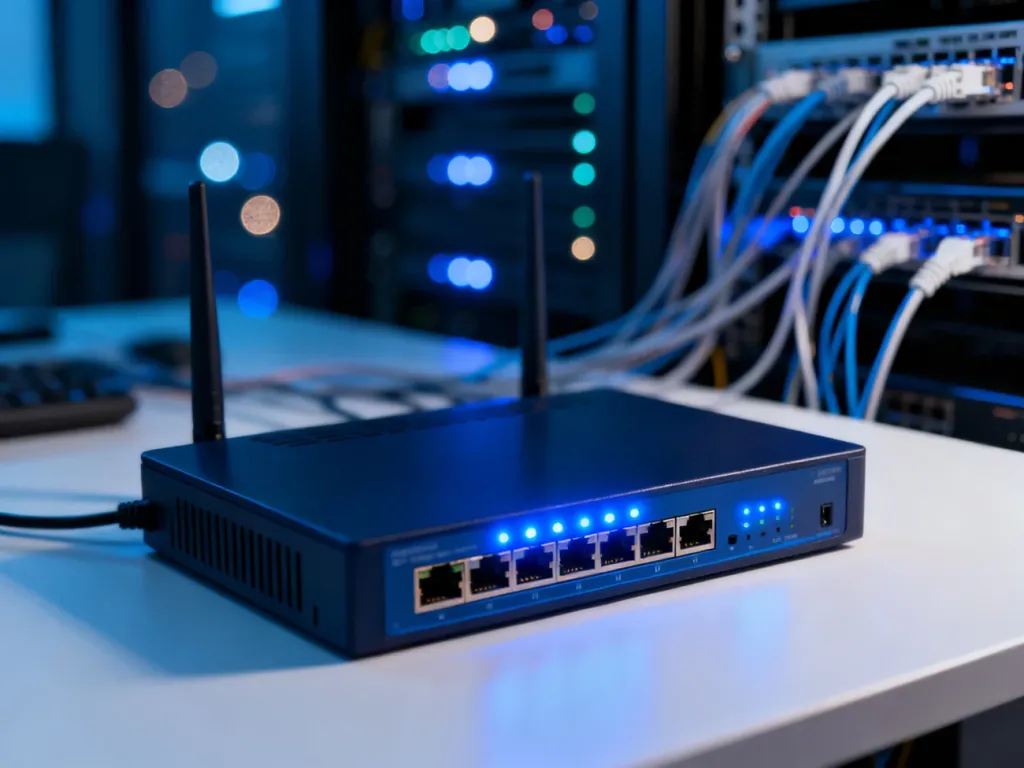 Nowoczesny router z podświetlanymi diodami na tle serwerów, ilustrujący działanie infrastruktury sieciowej.