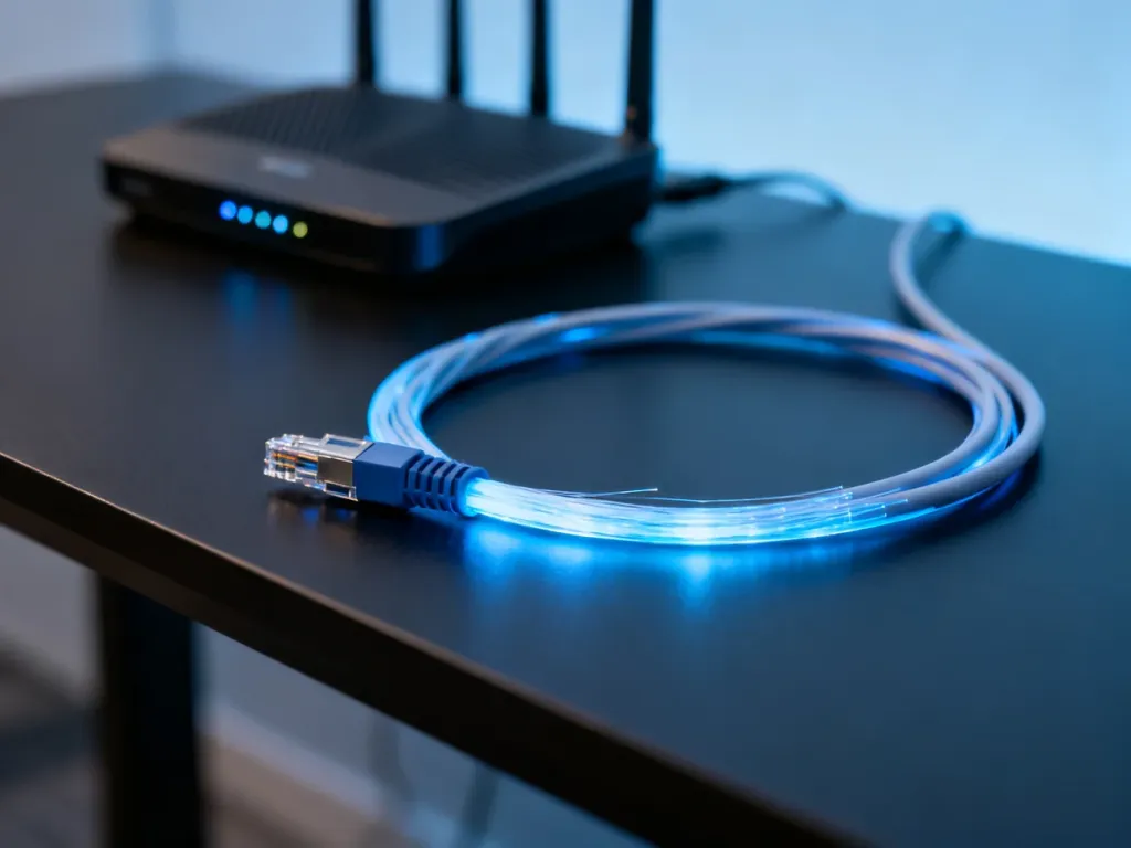 Światłowodowy kabel emitujący niebieskie światło na biurku, symbolizujący szybkie i nowoczesne łącze internetowe.