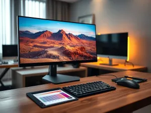Nowoczesny router z aktywnymi diodami na drewnianym biurku, obok laptopa z otwartymi ustawieniami sieci.